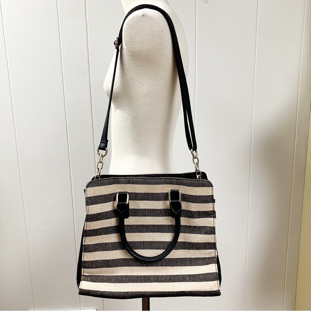 Striped Canvas Faux Leather Satchel Purse Adjustable Strap Double Handles Pocket - Picture 3 of 13